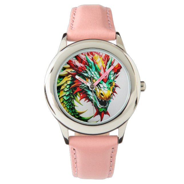 Fire breathing dragon red, green, and yellow scale watch (Front)