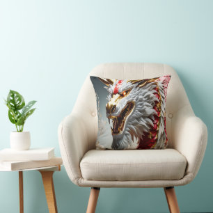 Fire breathing dragon red white and gold scales cushion