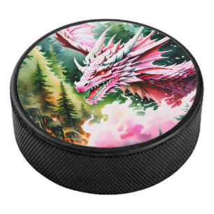 Fire breathing dragon vibrant pink scales hockey puck
