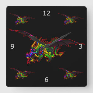 Fire Breathing Flying Dragons Square Wall Clock