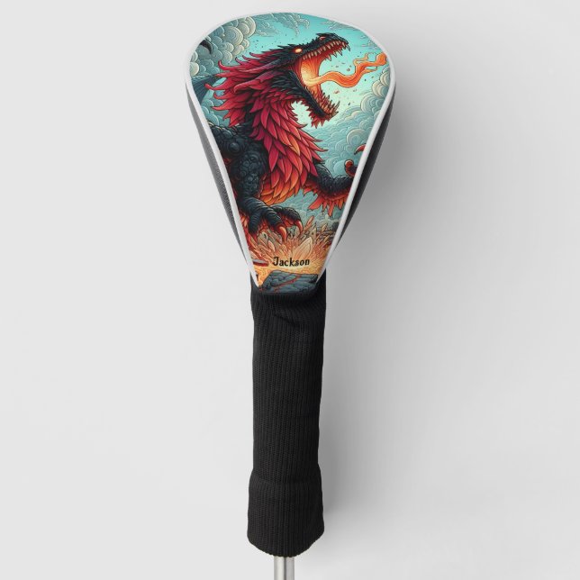 Fire Breathing Red Dragon Personalised Golf Head Cover (Front)