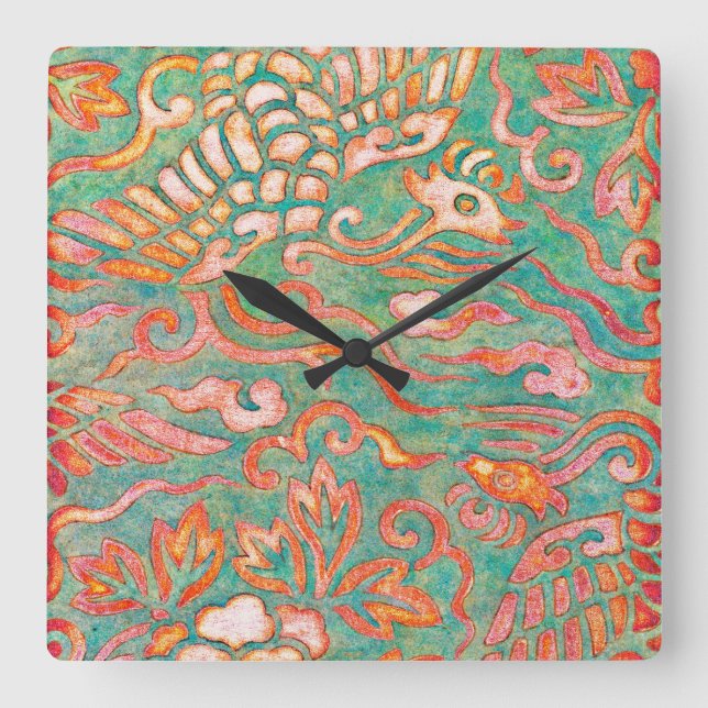 Fire-Breathing Southwest Desert Dragons Square Wall Clock (Front)