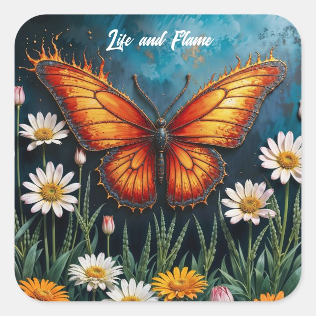 Fire butterfly surreal artwork chamomile nature square sticker (Front)