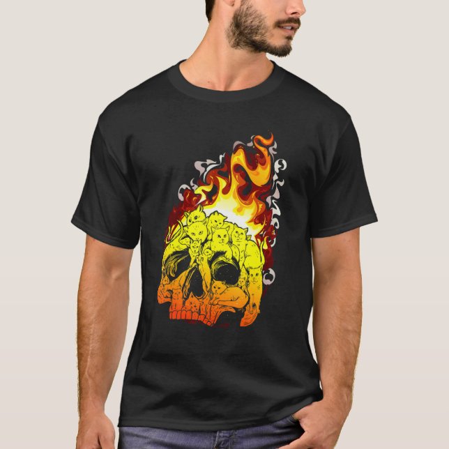 Fire Cat Burning Head Skull Head Bone Skull T-Shirt (Front)
