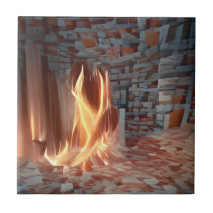 Fire crackling in abstract brick room ceramic tile