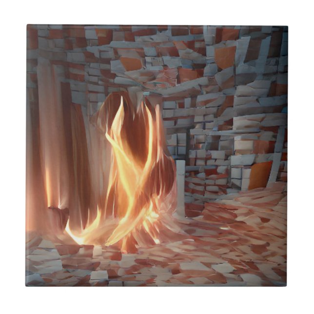 Fire crackling in abstract brick room ceramic tile (Front)