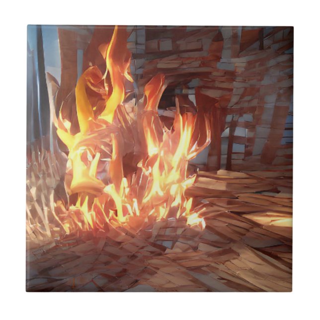 Fire crackling merrily in another world art ceramic tile (Front)