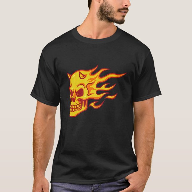 Fire Demon Skull Heads Grunge Punk Metal T-Shirt (Front)