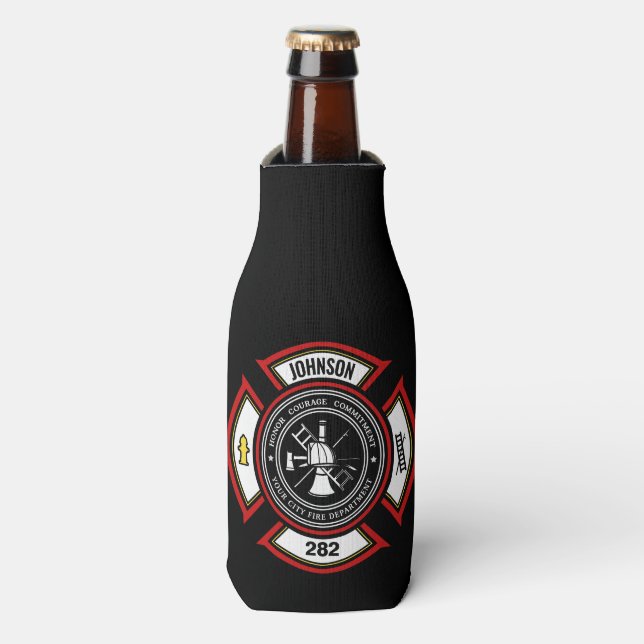 Fire Department ADD NAME Firefighter Badge Rescue Bottle Cooler (Bottle Front)
