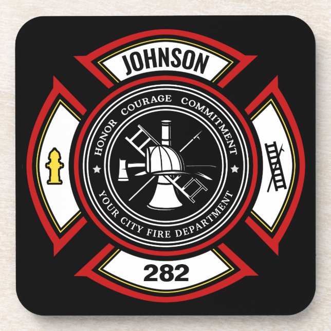 Fire Department ADD NAME Firefighter Badge Rescue Coaster (Front)