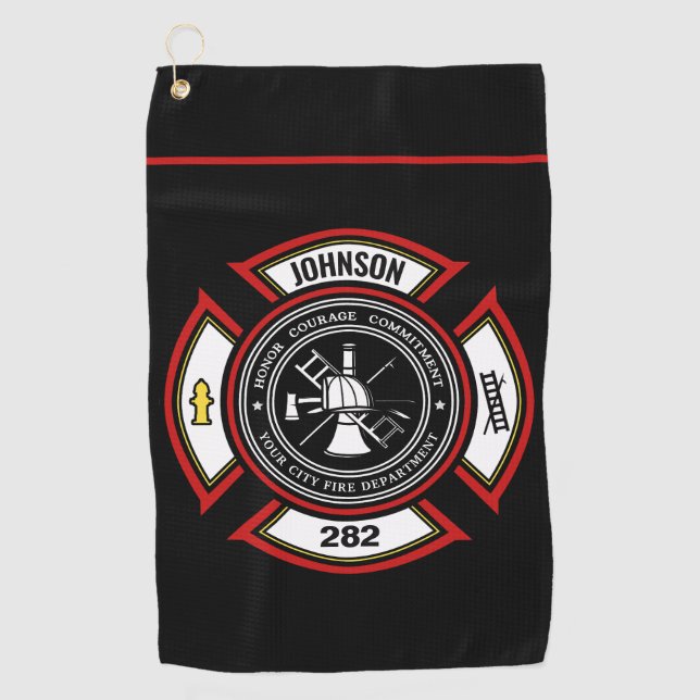 Fire Department ADD NAME Firefighter Badge Rescue Golf Towel (Front)