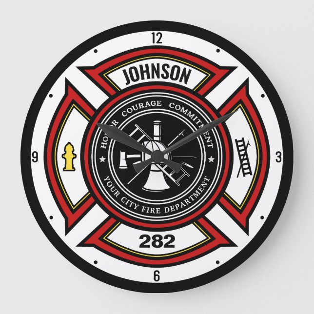 Fire Department ADD NAME Firefighter Badge Rescue Large Clock (Front)