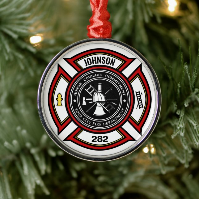 Fire Department ADD NAME Firefighter Badge Rescue Metal Ornament (Tree)
