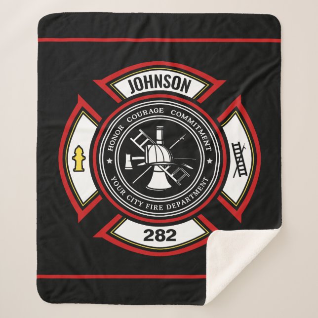 Fire Department ADD NAME Firefighter Badge Rescue Sherpa Blanket (Front)