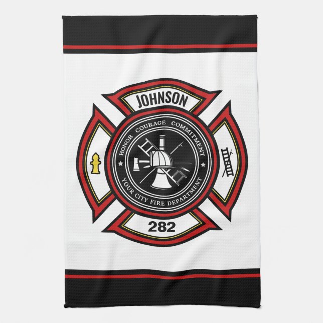 Fire Department ADD NAME Firefighter Badge Rescue Tea Towel (Vertical)
