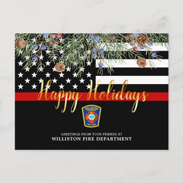 Fire Department Christmas Custom Thin Red Line Holiday Postcard (Front)