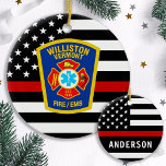 Fire Department Custom Logo Emblem Firefighter Ceramic Ornament<br><div class="desc">Thin Red Line Fire Department Ornament - American flag in Firefighter Flag colors, modern black and red design . Customize with your department logo and firefighter name.. This personalized firefighter ornament is perfect for fire departments and fire service, retirement or graduation gifts, Christmas gifts to your firefighters. Order these firefighter...</div>
