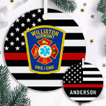 Fire Department Custom Logo Emblem Firefighter Metal Tree Decoration<br><div class="desc">Thin Red Line Fire Department Ornament - American flag in Firefighter Flag colors, modern black and red design . Customize with your department logo and firefighter name.. This personalized firefighter ornament is perfect for fire departments and fire service, retirement or graduation gifts, Christmas gifts to your firefighters. Order these firefighter...</div>