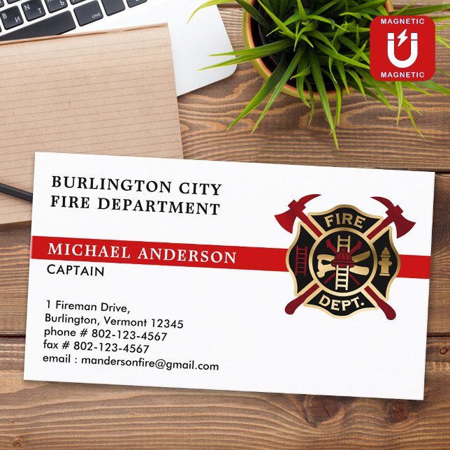 Fire Department Custom Logo Modern Red Firefighter Magnetic Business Card (Creator Uploaded)