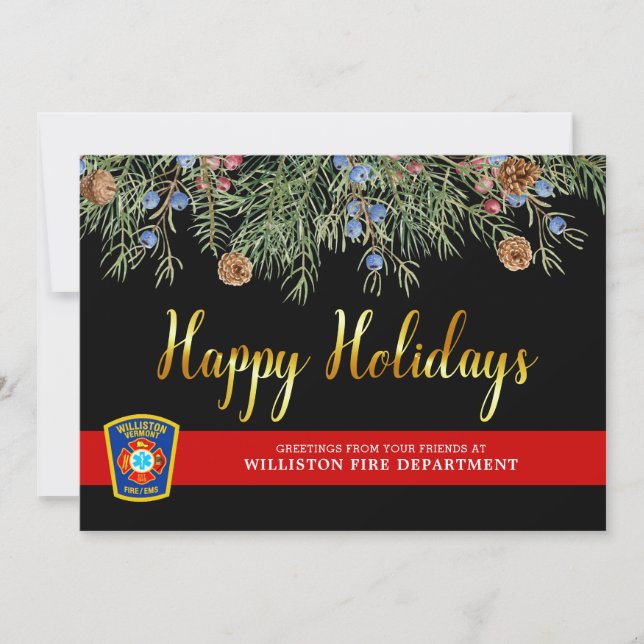 Fire Department Emblem Christmas Thin Red Line Holiday Card (Front)