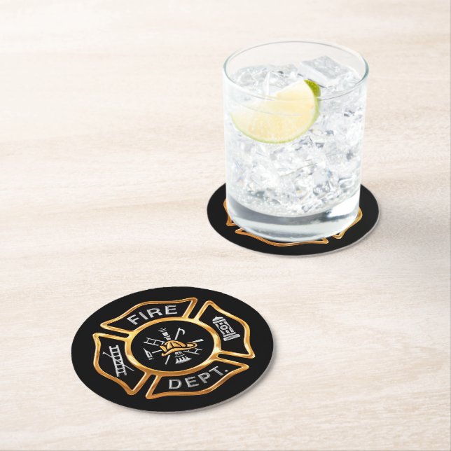 Fire Department Firefighter Badge Gold Round Paper Coaster (Insitu)