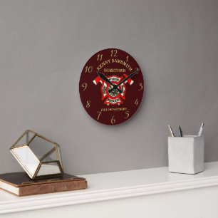 Fire Department Gold And Red Badge With Axes Round Clock