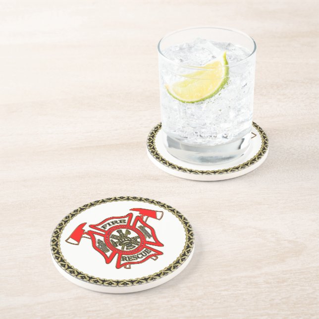 Fire Department Gold And Red Badge With Fire Axes Coaster (Side)
