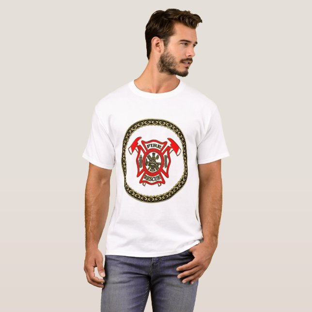 Fire Department Gold And Red Badge With Fire Axes T-Shirt (Front Full)