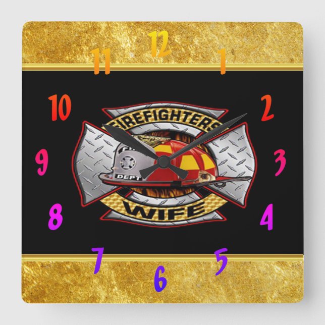 Fire Department Gold And Silver Wife Badge Square Wall Clock (Front)