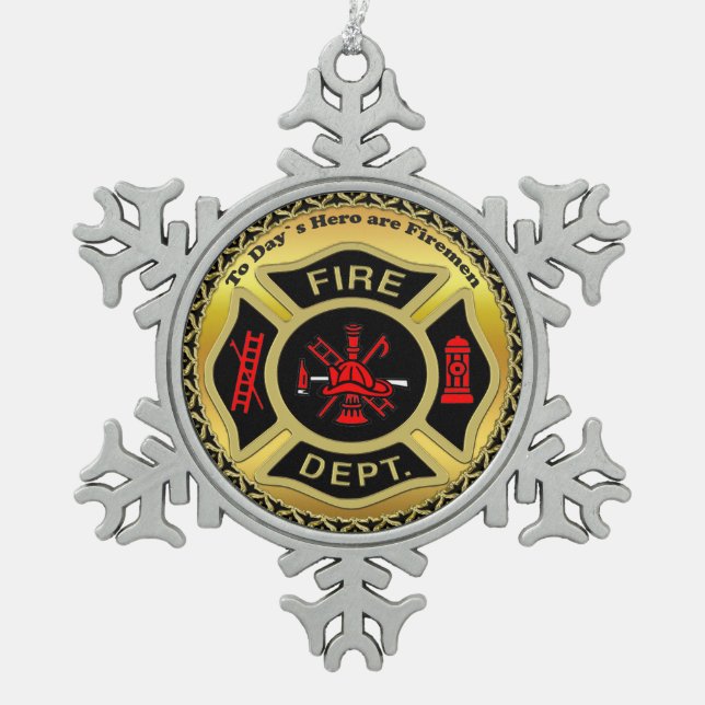 Fire Department logo Black And Gold Badge Snowflake Pewter Christmas Ornament (Front)