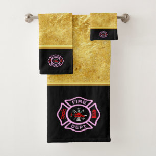 Fire Department logo Black And Pink Badge Bath Towel Set