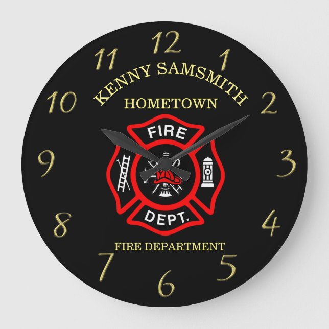 Fire Department logo Black And Red Badge Large Clock (Front)