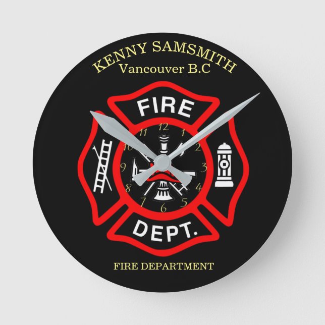 Fire Department logo Black And Red Badge Round Clock (Front)
