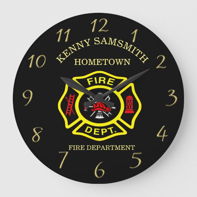 Fire Department logo Black And Yellow Badge Large Clock (Front)