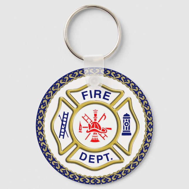 Fire Department logo Blue And White Badge Key Ring (Front)