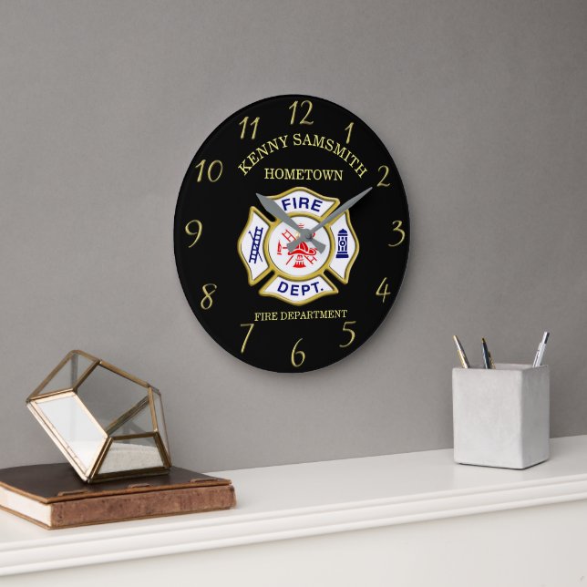 Fire Department logo Blue And White Badge Large Clock (Office)