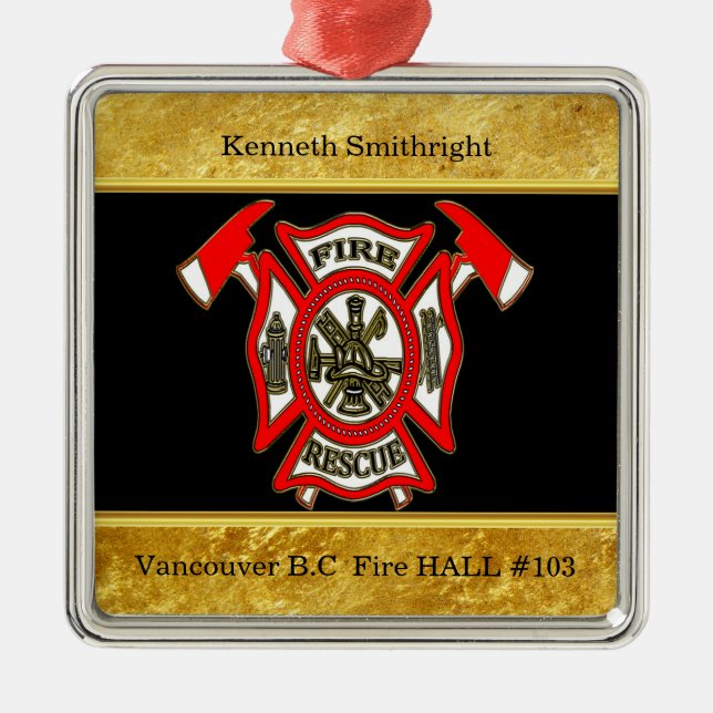 Fire Department logo Gold And Red Badge gold foil Metal Ornament (Front)