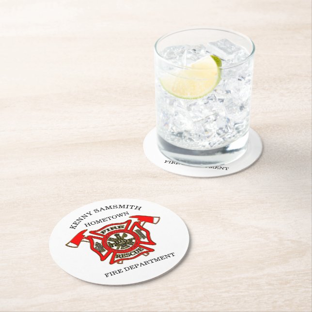 Fire Department logo Gold And Red Badge Round Paper Coaster (Insitu)