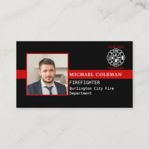 Fire Department Photo Logo Red Line Firefighter Business Card