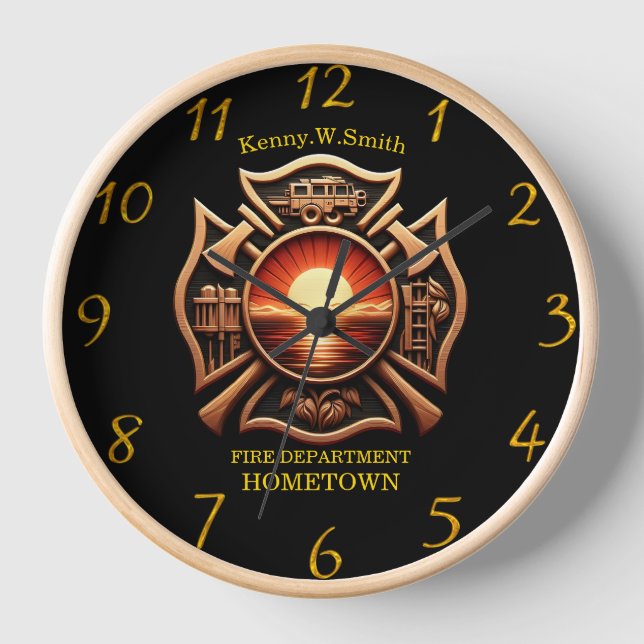 Fire Departments Badge of Honour Black And Red Clock (Front)