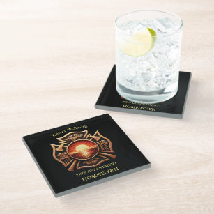 Fire Departments Badge of Honour Black And Red Glass Coaster