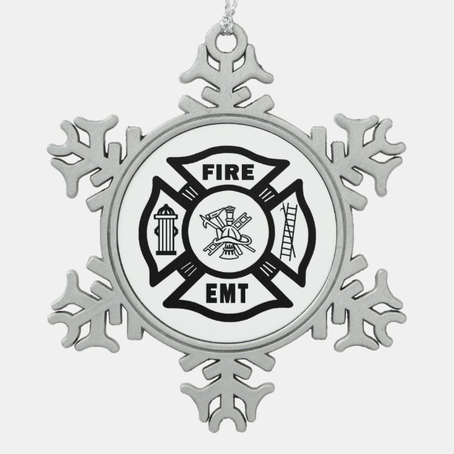 Fire Dept EMT Snowflake Pewter Christmas Ornament (Front)