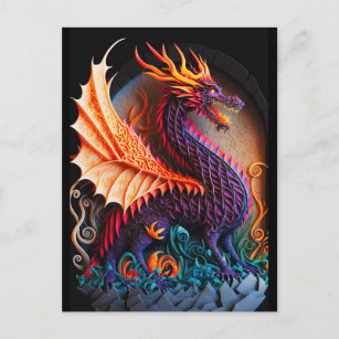 Fire Dragon Castle Fantasy Art Mythical Creatures Postcard