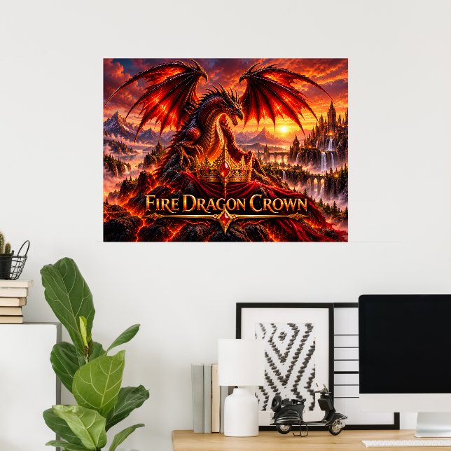 Fire Dragon Crown Epic Fantasy Dragon Poster (Home Office)
