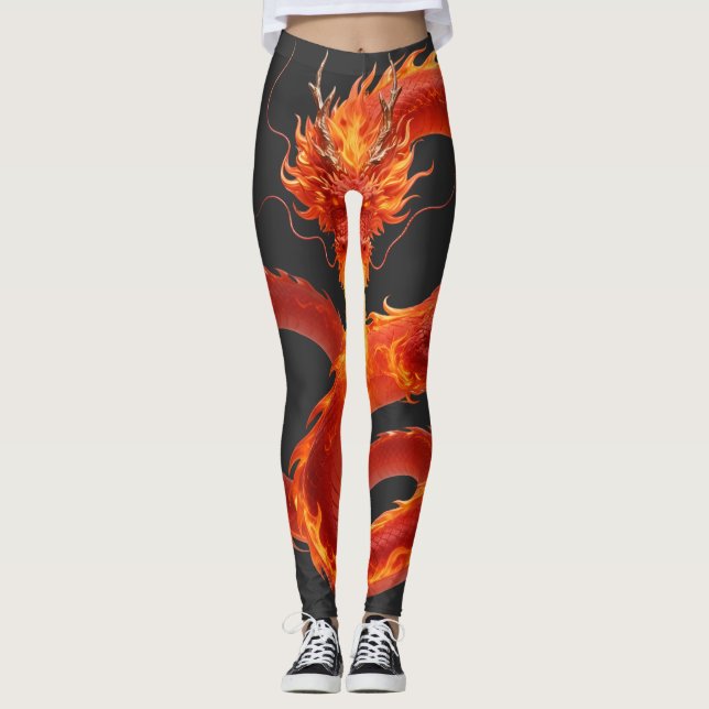 Fire Dragon Fantasy Art Design, Mythical Creature  Leggings (Front)