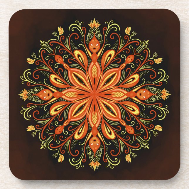 Fire Element Mandala - Kaleidoscopic Flame Creatur Coaster (Front)