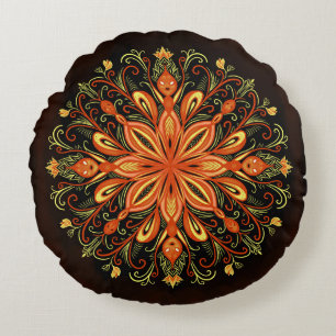 Fire Element Mandala - Kaleidoscopic Flame Creatur Round Cushion
