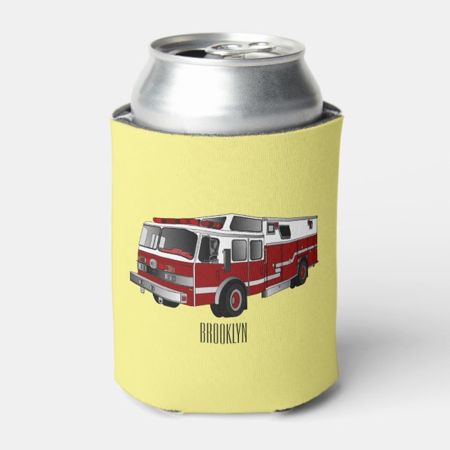 Fire engine cartoon illustration can cooler (Can Front)