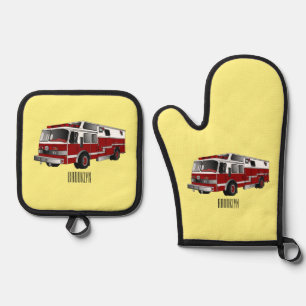 Fire engine cartoon illustration oven mitt & pot holder set
