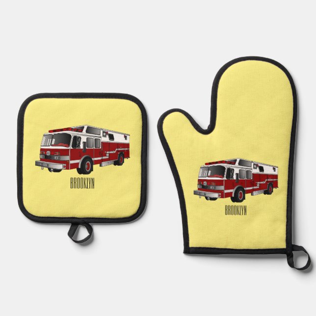 Fire engine cartoon illustration oven mitt & pot holder set (Front)